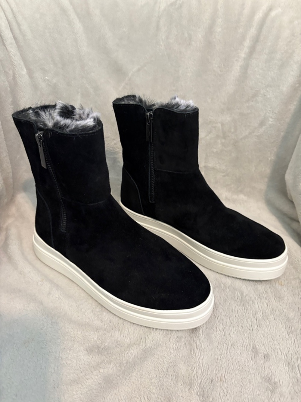 J Slides Black Suede Faux-Fur Cuff Platform Ankle Booties